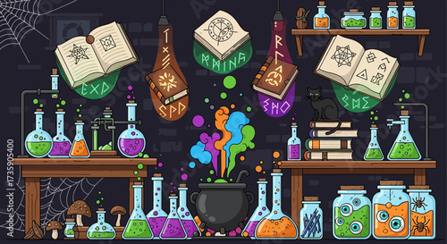 a magical alchemists laboratory bubbling potions ancient spellbooks and arcane ingredients creating a mysterious fantasy atmosphere for halloween.
