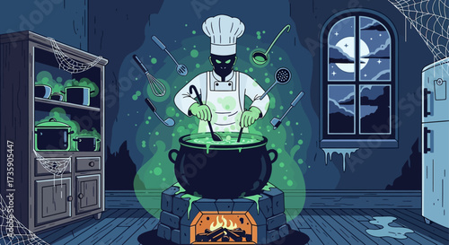 a mysterious chef stirring a bubbling green cauldron in an eerie cobwebbed kitchen under a full moon perfect for halloween designs.