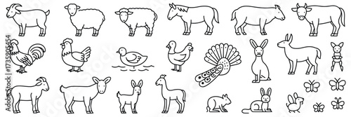 Collection of simple black line drawing farm animal vector illustrations for scalable eps files silhouette vector illustration white background