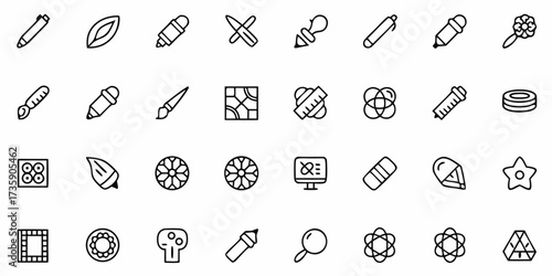 Vector illustration of art and design icons including drawing tools and geometric shapes arranged in a grid pattern