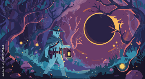 a mysterious cloaked figure with a lantern explores a dark enchanted forest under a total solar eclipse illustrating fantasy adventure and magic.
