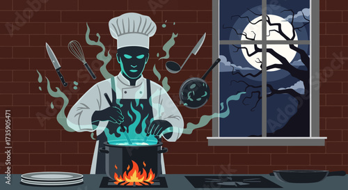 a mysterious ghost chef cooks a glowing pot with floating utensils in a haunted kitchen under a spooky full moon.