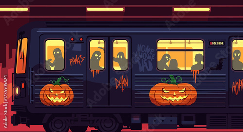 a spooky halloween subway train decorated with glowing jack-o-lanterns and ghostly passengers travels through an eerie urban station at night.