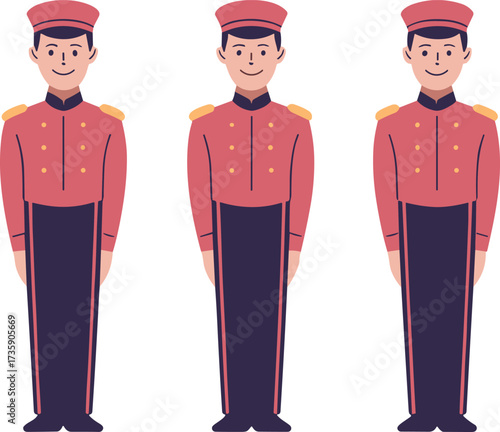 Hotel bellhop vector set with red uniform, gold buttons, ceremonial attire, service staff, cartoon illustration, hospitality role, professional outfit