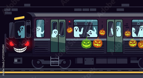 a spooky halloween subway train decorated with glowing jack-o-lanterns and ghostly passengers evoking festive fright on a dark platform.