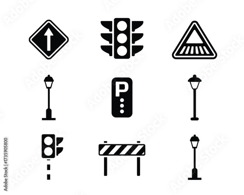 Set of eight black and white minimalist vector traffic and street icons scalable eps illustration silhouette vector illustration white background