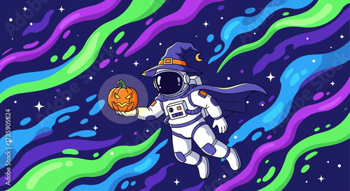 an astronaut witch holds a jack-o-lantern in vibrant outer space among colorful nebulae and stars celebrating a spooky halloween.