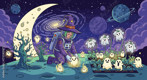 astronaut witch tending a magical ghost flower garden on the moon under a galaxy a whimsical space fantasy illustration.