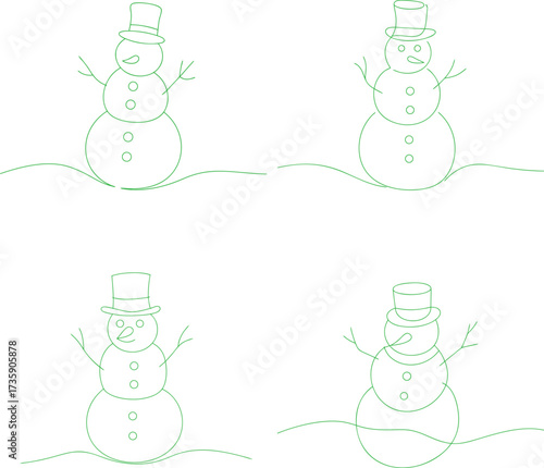 Simple hand drawn outline of a snowman wearing a top hat and Continuous line drawing