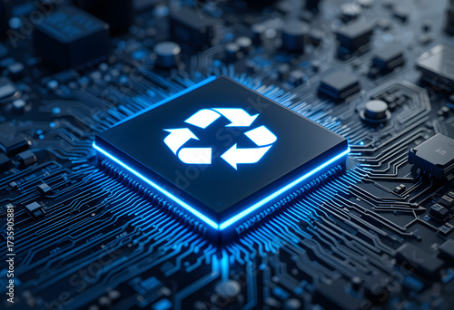 Glowing recycle symbol on microchip on circuit board symbolizing circular economy and eco technology
