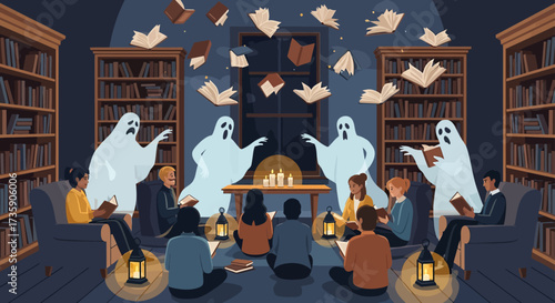 diverse people and friendly ghosts gather for a mysterious book club in a dimly lit old library at night reading spooky tales by candlelight with magical floating books.