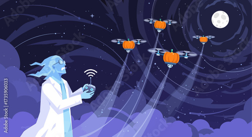 eccentric scientist remotely controls a fleet of halloween pumpkin drones under a full moon illustrating futuristic spooky technology.