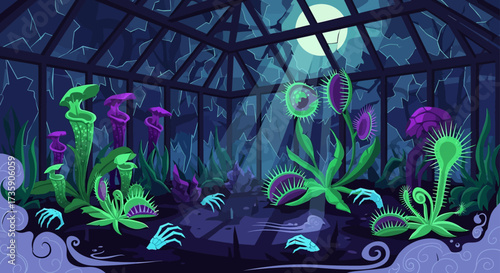 eerie broken greenhouse with glowing carnivorous plants and skeletal hands from ground under moonlit sky perfect for halloween horror.