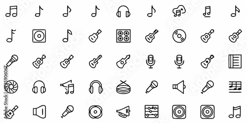 Vector collection of music related icons including notes, headphones, guitars, microphones and speakers in black