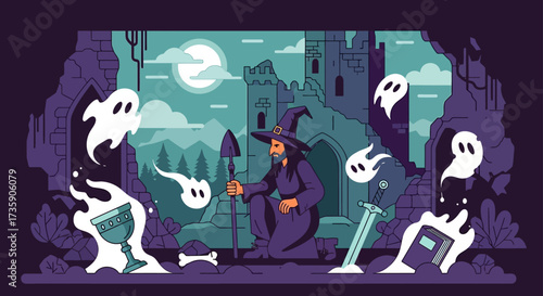 fantasy wizard with a shovel on a moonlit quest surrounded by mischievous ghosts in a crumbling castle ruin for magical adventure themes.