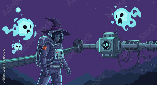 female astronaut witch encountering spooky halloween ghosts near a futuristic space station illustrating cosmic sci-fi fantasy adventure.