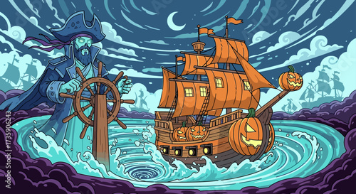 ghostly pirate captain steers halloween ghost ship with jack-o-lanterns through ocean whirlpool under dark moon for spooky pirate fantasy adventure.