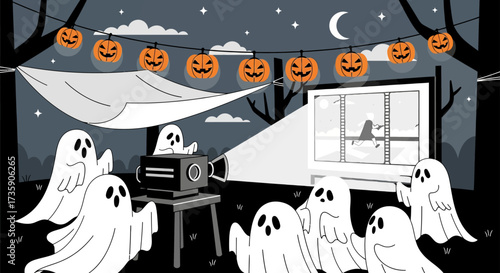 ghosts enjoying an outdoor halloween movie screening under glowing jack-o-lanterns and a crescent moon perfect for spooky fun.