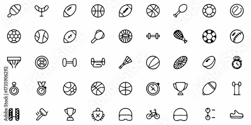 Vector illustration showcasing a diverse collection of sports equipment and related icons arranged in a grid format