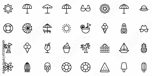 Clean outlined vector icons of holidays — featuring beach umbrella, sun, and luggage symbols for summer and vacation design.
