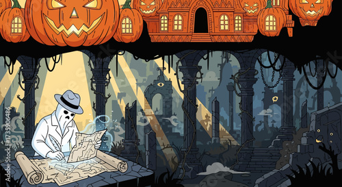 halloween ghost detective studies mystery map in haunted ruins lit by jack-o-lanterns and haunted house for halloween mystery.