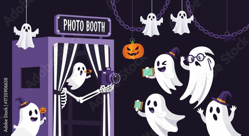 halloween ghosts and a skeleton having fun taking pictures at a spooky photo booth perfect for party invitations and social media