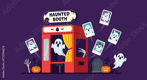 halloween haunted photo booth ejecting ghost pictures with pumpkins skeleton and tombstone for festive holiday visuals.