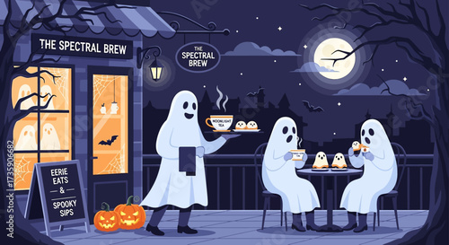 halloween ghosts enjoying hot tea and spooky treats at the spectral brew cafe under a full moon a whimsical night scene.