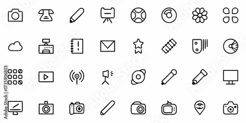 Vector collection of various outline icons including camera, phone, cloud, star, tv, and other common symbols