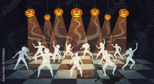 halloween party with energetic ghostly dancers on a checkered floor illuminated by spooky pumpkin lanterns in a dark festive atmosphere.