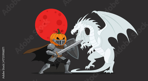 halloween pumpkin knight in armor confronts a fearsome white dragon under a mystical red moon illustrating an epic fantasy battle.