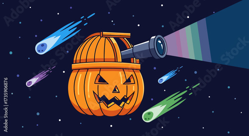 halloween pumpkin observatory telescope projects vibrant spectrum into cosmos colorful comets streaking starry night.
