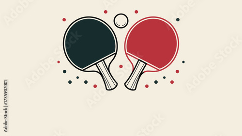 A stylized illustration of ping pong paddles and ball with decorative dots on a cream background