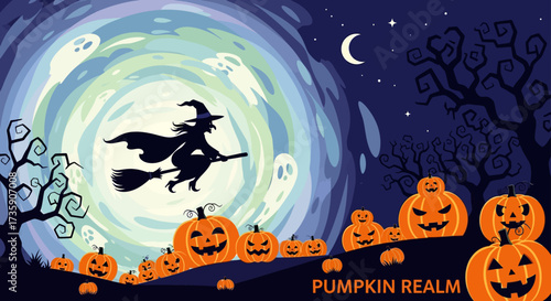 halloween witch flying broomstick over spooky pumpkin patch jack-o-lanterns barren trees under swirling ghost sky crescent moon for october.