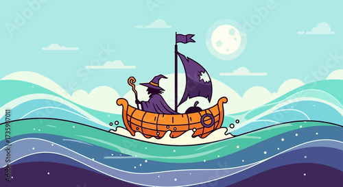 halloween witch sailing on wavy moonlit waters in an orange boat at night a whimsical fantasy adventure illustration.