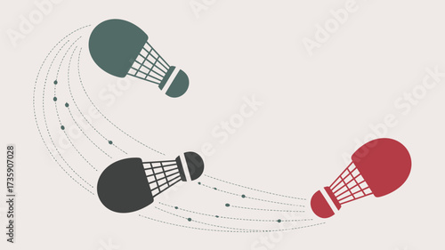 Three shuttlecocks in motion with dotted lines showing trajectory against a light background design art