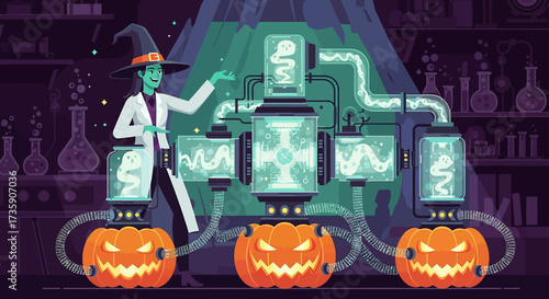 halloween witch scientist performs a glowing magical experiment channeling spectral energy to sinister jack-o-lanterns.
