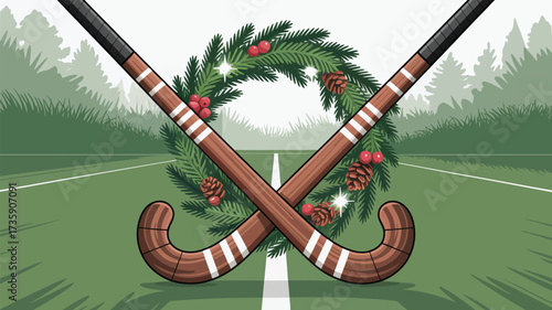 Two field hockey sticks crossed on a green field with a christmas wreath in the center background trees 100