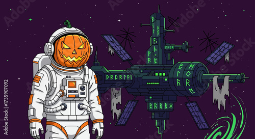 jack-o-lantern astronaut in space next to a mysterious runic space station with green lights perfect for halloween sci-fi and fantasy.