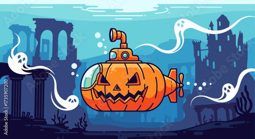 jack-o-lantern submarine exploring mysterious ancient underwater ruins and gothic castles surrounded by whimsical ghosts in a spooky halloween adventure marine exploration