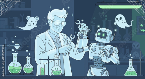 Mad scientist creating a robot with wrenches in a spooky lab with ghosts perfect for illustrating halloween science and technology concepts