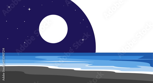 moonlit night beach with bright full moon and stars over ocean gentle waves on dark sand perfect for peaceful nocturnal landscapes.