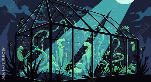 mysterious carnivorous plants inside a greenhouse moonlit at night ideal for science nature halloween.