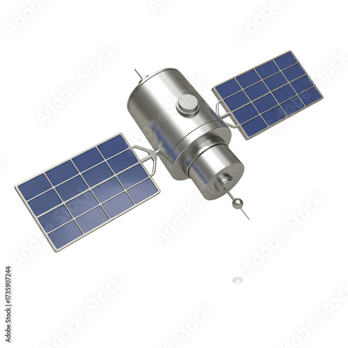 Metallic Satellite with Blue Solar Panels on White Background