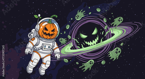 pumpkin head astronaut in space encounters a spooky halloween black hole glowing eyes and cosmic ghosts perfect for eerie seasonal designs.