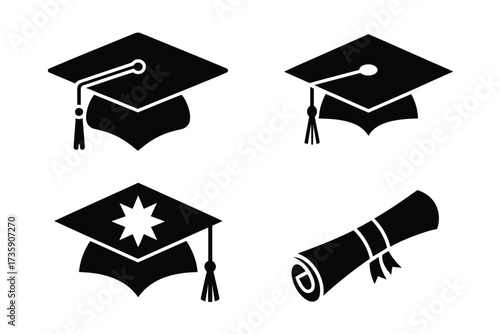 Scalable vector illustration black and white icons graduation caps and diploma eps format silhouette vector illustration white background