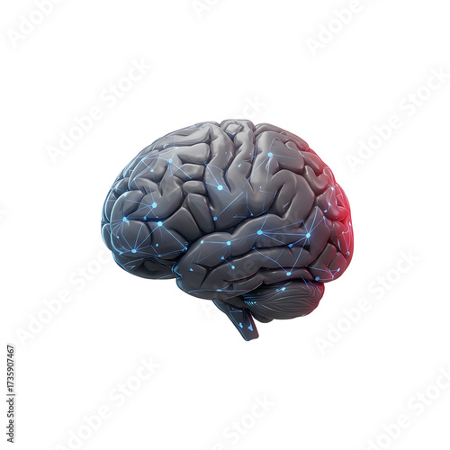 Realistic Gray Brain with Blue Network on Soft Gray Background