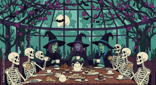 three gothic witches and skeletons share a spooky halloween tea party in an overgrown conservatory at night perfect for dark fantasy.