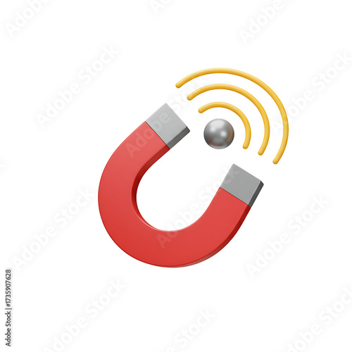 Red Horseshoe Magnet Attracting Silver Metal Ball on White Background