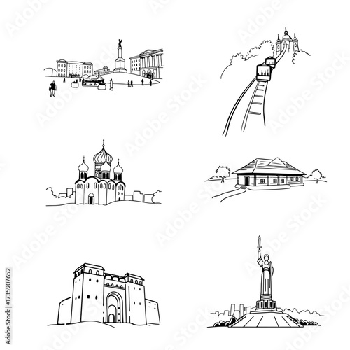 Kyiv landmarks, Independence Square, the Motherland Monument, the Pirogovo Museum, the Golden Gate, the funicular, and St. Andrew's Church. Set of vector line sketches